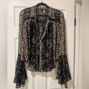 Free People Floral Black Sheer Women's Top